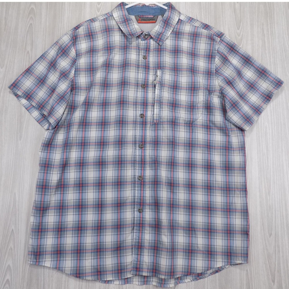 Free Country Mens XL Blue Gray Plaid Short Sleeve Button Up Hiking Shirt Pocket
